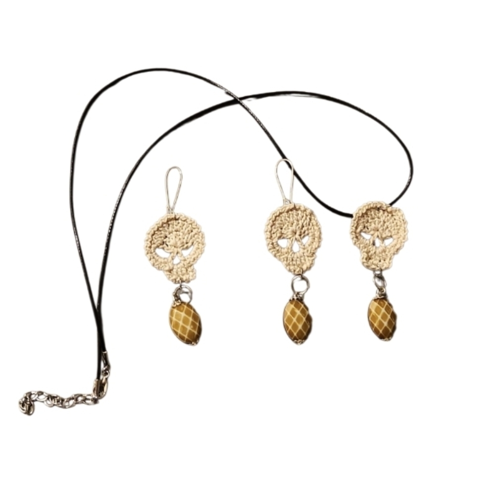 Handmade Dia de los Muertos Crochet Jewelry 3-pc Set Tan Necklace Earrings Gift